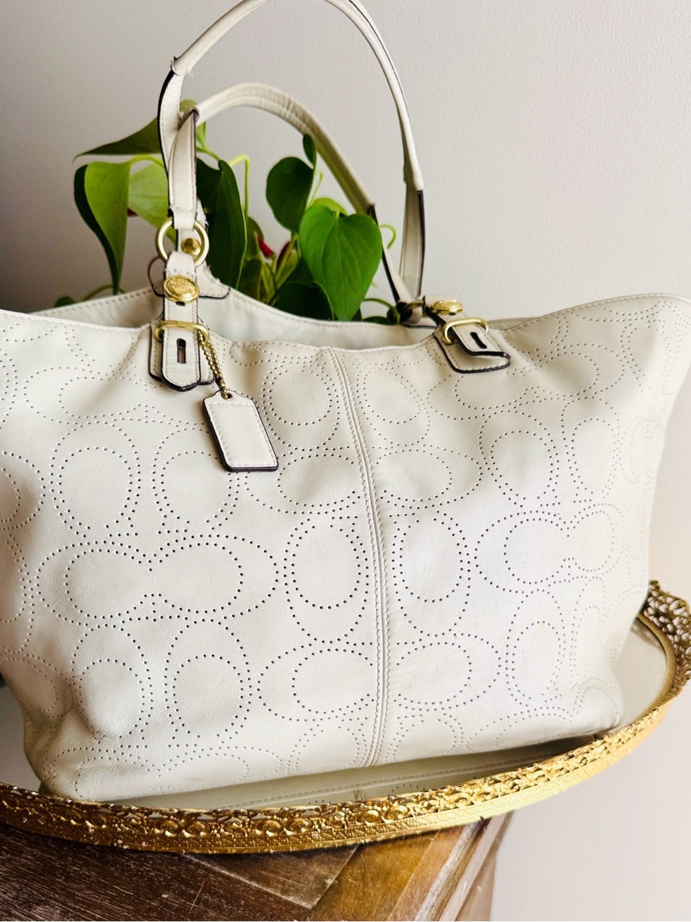 Coach Carly Perforated Leather Ivory Hobo Bag